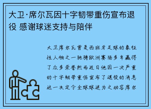 大卫·席尔瓦因十字韧带重伤宣布退役 感谢球迷支持与陪伴 大卫·席尔瓦因十字韧带重伤宣布退役 感谢球迷支持与陪伴